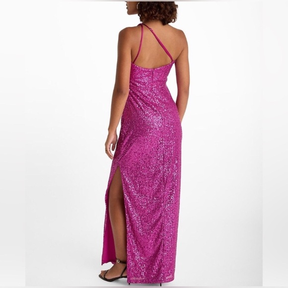 Express NWT Sequin Maxi Dress Neon Berry One Shoulder Side Slit size Small - Picture 2 of 3